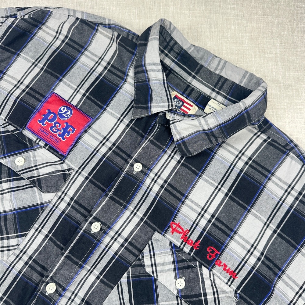 Phat Farm Button Down Mens 3X Black Grey Plaid Long Sleeve Patch Workwear Shirt